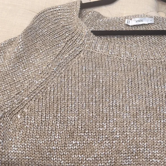 Vince Linen Blend Tan And Silver Metallic Crew Neck Sweater Relaxed Fit Small - Picture 6 of 9